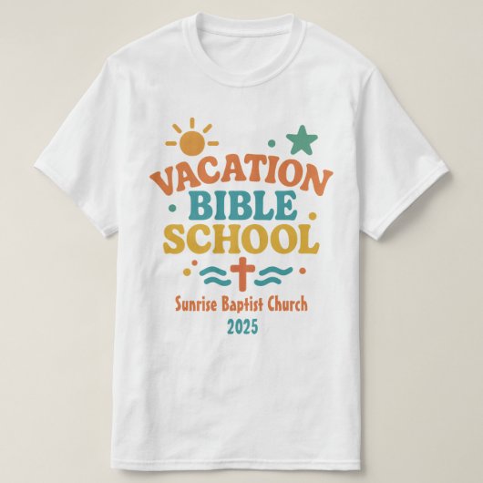 バケーションバイブルスクールチャーチネーム&イヤーサンVBS Tシャツ (デザイン正面)