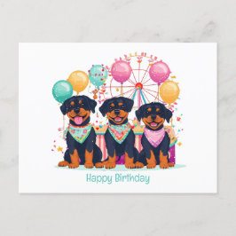 バザーで誕生日をお祝いするロットワイラー犬たち ポストカード