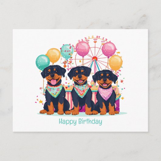 バザーで誕生日をお祝いするロットワイラー犬たち ポストカード (正面)