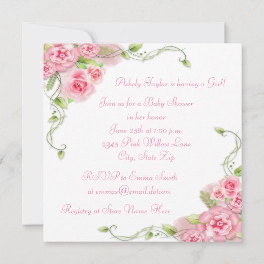 バシネエレガントピンクローズベビーシャワー 招待状 (裏面)