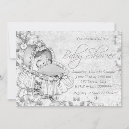 バシネットヴィンテージホワイトベビーシャワー 招待状 (正面)