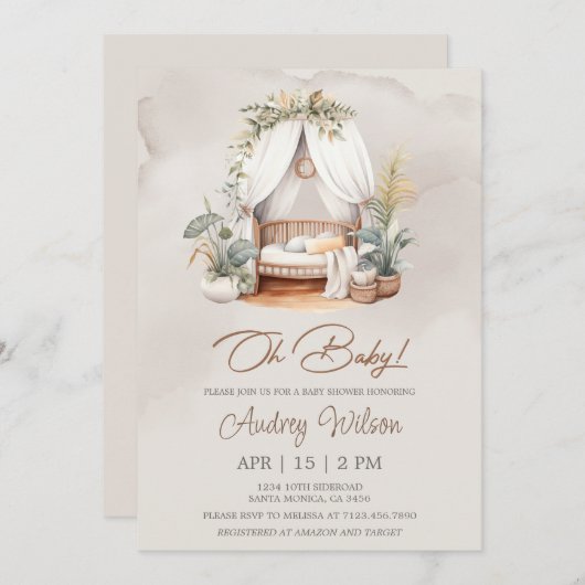 バシネット子供部屋ベビークリブベビーシャワー招待状 招待状 (正面/裏面)