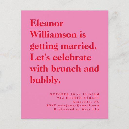 バジェットおもしろいはっきりしたピンクレッドブライダルブランチ招待状 (正面)