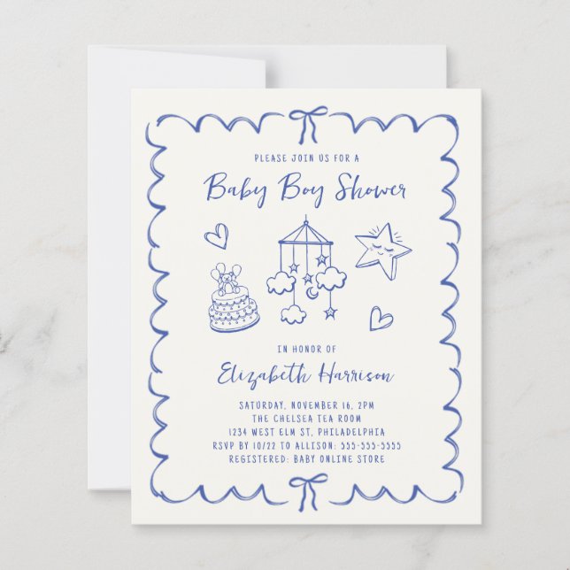バジェットお洒落波形男の赤ちゃんシャワー招待状 (正面)