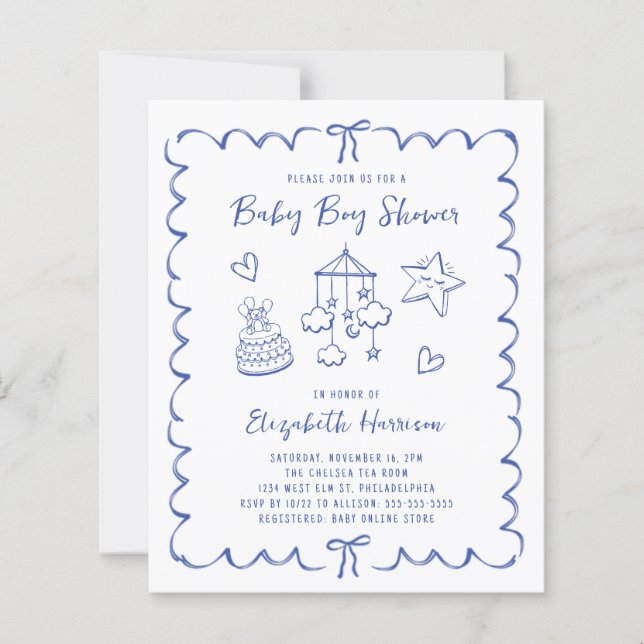 バジェットお洒落波形男の赤ちゃんシャワー招待状 (正面)