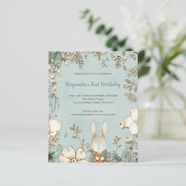 バジェットかわいいバニーの葉1stバースデーボーイ招待状 (スタンド正面)