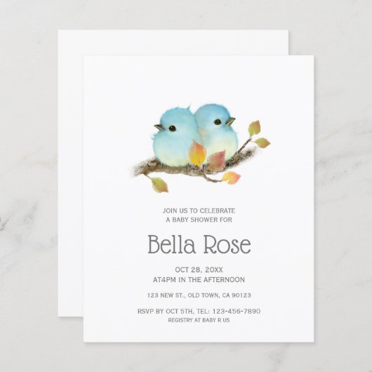 バジェットかわいいブルーバードベビーシャワー招待状 (正面/裏面)