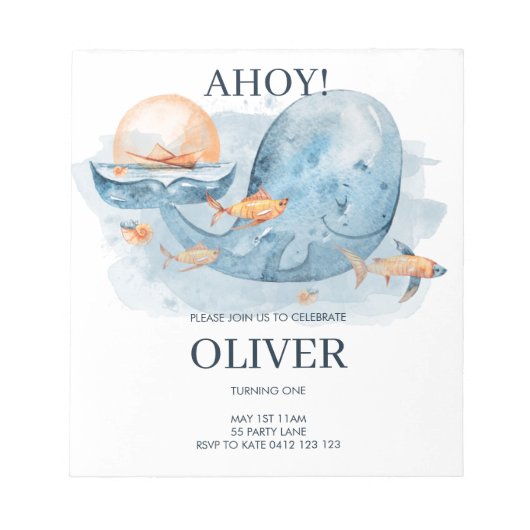 バジェットかわいい水色クジラ誕生日招待状 ノートパッド (正面)