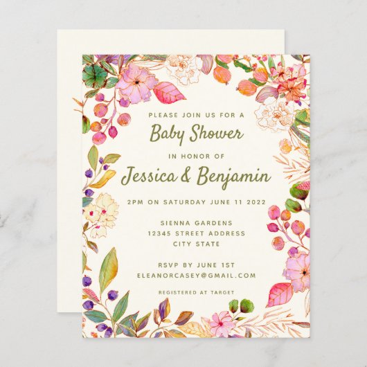 バジェットかわいい水色フローラベビーシャワー招待状 (正面/裏面)