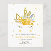 バジェットかわいい水色ユニコーンイエロー招待状 (正面)