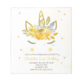 バジェットかわいい水色ユニコーンイエロー招待状 ノートパッド (正面)