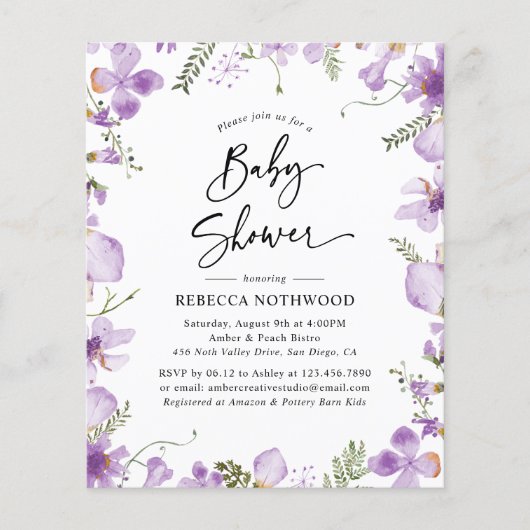 バジェットかわいい薄紫ニュートラルベビーシャワー招待状 (正面)
