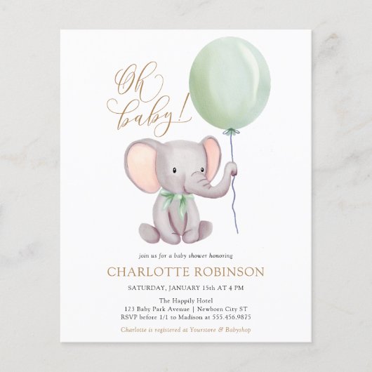 バジェットかわいい象ベビーシャワー招待状 (正面)