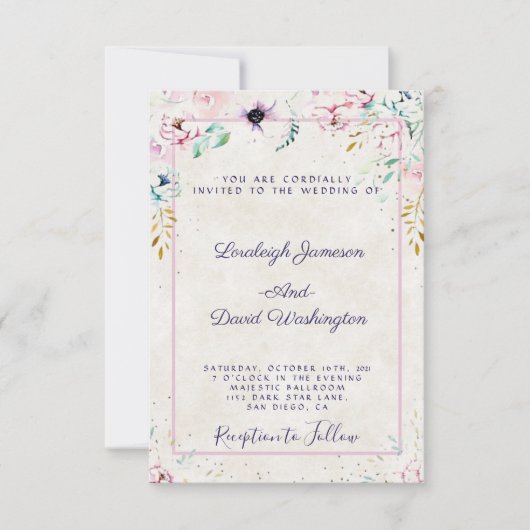 バジェットかわいらしピンクと紫のフローラの結婚インビ 招待状 (正面)