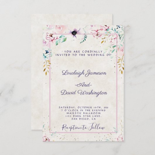 バジェットかわいらしピンクと紫のフローラの結婚インビ 招待状 (正面/裏面)