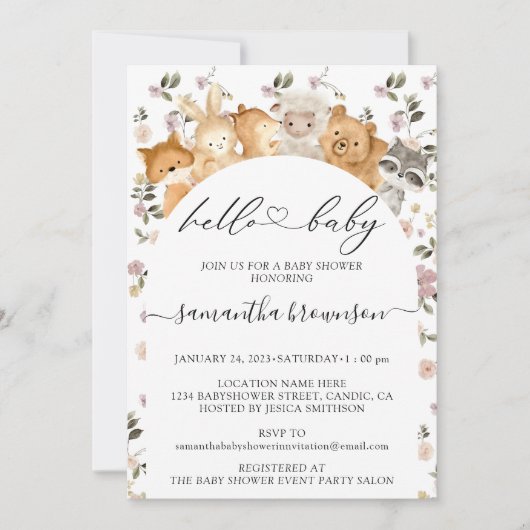 バジェットこんにちは赤ちゃんシャワー花林動物 招待状 (正面)