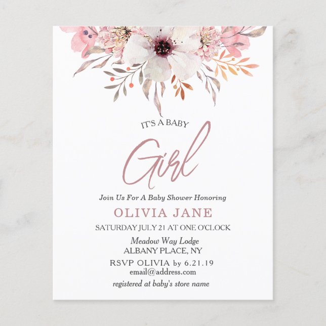 バジェットそれは赤ちゃん女の子ベビーシャワー招待状 (正面)