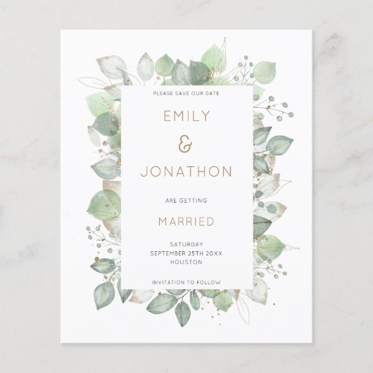 バジェットの葉フレームセージ結婚式の日付を保存 (正面)