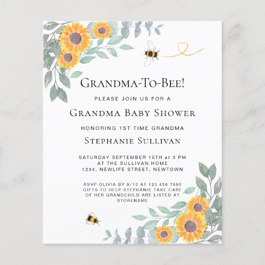 バジェットばあちゃん – ビー赤ちゃんシャワー招待状 (正面)