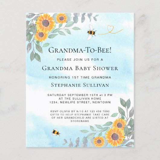 バジェットばあちゃん – ビー赤ちゃんシャワー招待状 (正面)