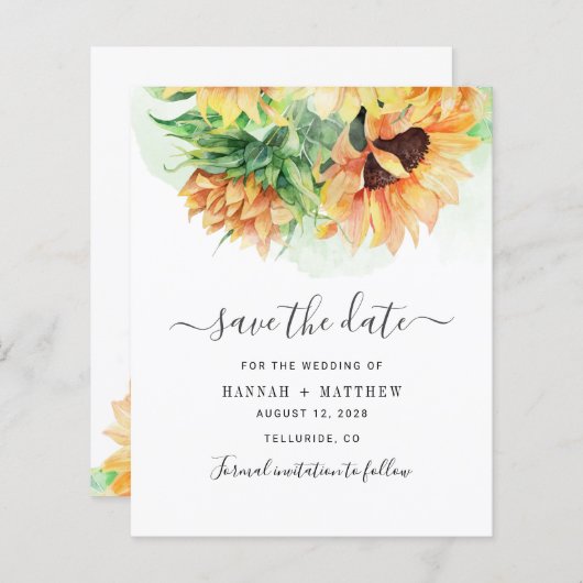 バジェットひまわり水彩結婚式の日付を保存 (正面/裏面)