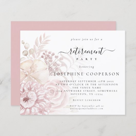 バジェットほこりっぽいピンク花模様女性退職招待状 (正面/裏面)
