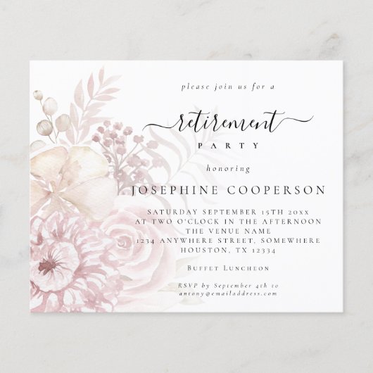 バジェットほこりっぽいピンク花模様女性退職招待状 (正面)
