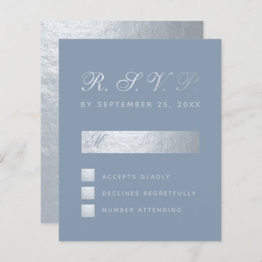 バジェットほこりっぽいブルーシルバーカリグラフィウェディングRSVP (正面/裏面)