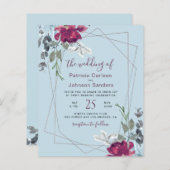 バジェットほこりっぽいブルーブルゴーニュのシック結婚式招待状 (正面/裏面)