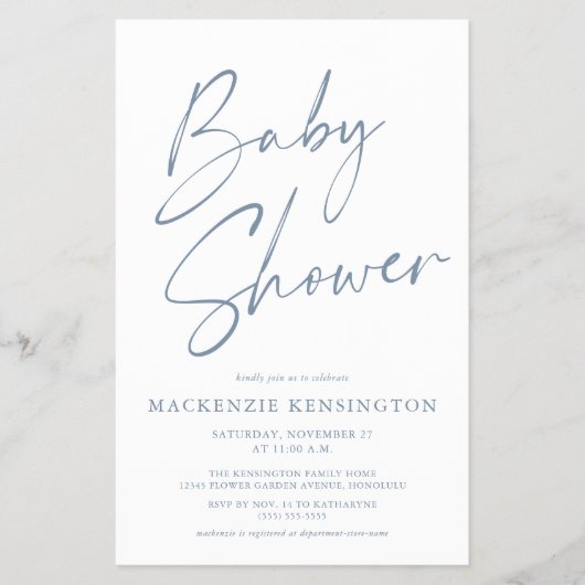 バジェットほこりっぽい青シンプル色のスクリプト赤ちゃんシャワーFLYER チラシ (正面)
