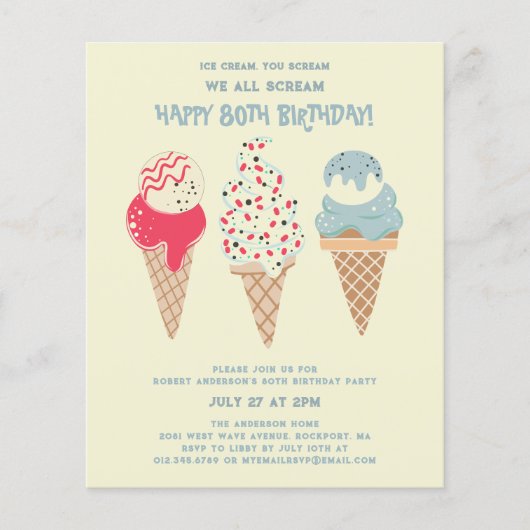 バジェットアイスクリームコーン80th誕生日招待状 (正面)
