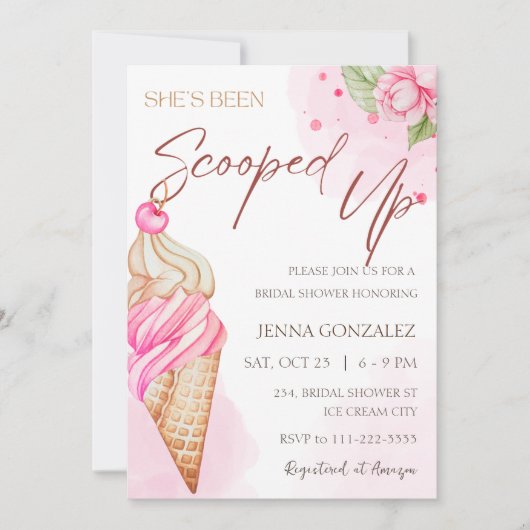 バジェットアイスクリームスコップアップピンクブライダルシャワー 招待状 (正面)