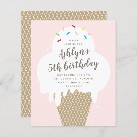 バジェットアイスクリーム子供の誕生日パーティの招待状 (正面/裏面)