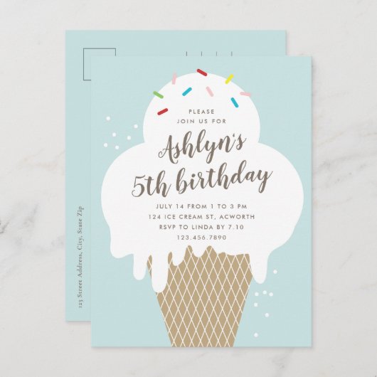 バジェットアイスクリーム子供の誕生日パーティの招待状 ポストカード (正面/裏面)