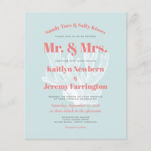 バジェットアクアコーラルビーチ結婚式招待状 (正面)