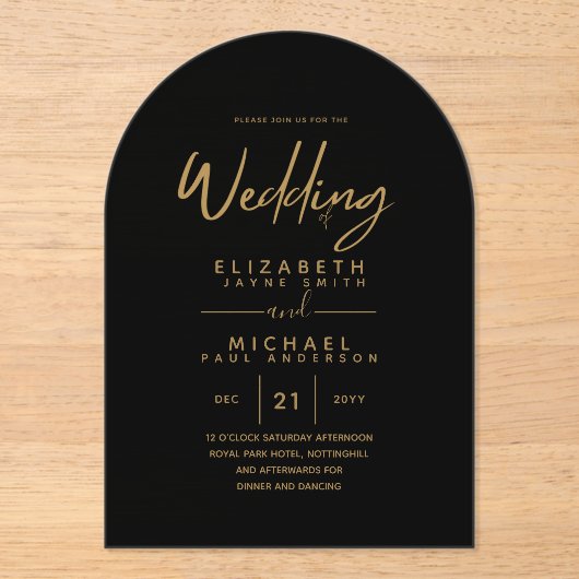 バジェットアクリルブラック金ゴールド文字エレガントな結婚式 アクリル招待状 (正面)