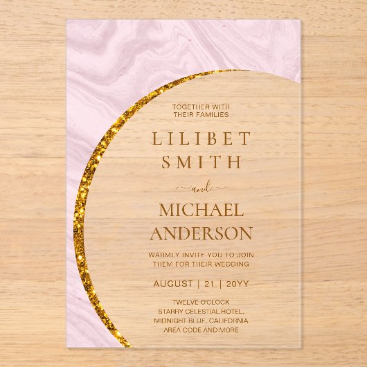 バジェットアクリ結婚ルの埃っぽい赤面ピンク金ゴールドシック アクリル招待状 (正面)