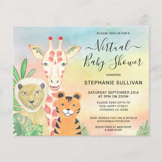 バジェットアニマルズバーチャルベビーシャワー招待状 (正面)