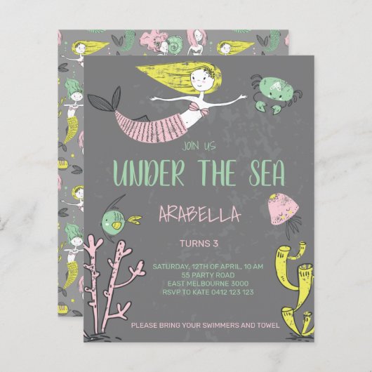 バジェットアンダーザシーマーメイド誕生日招待状 (正面/裏面)