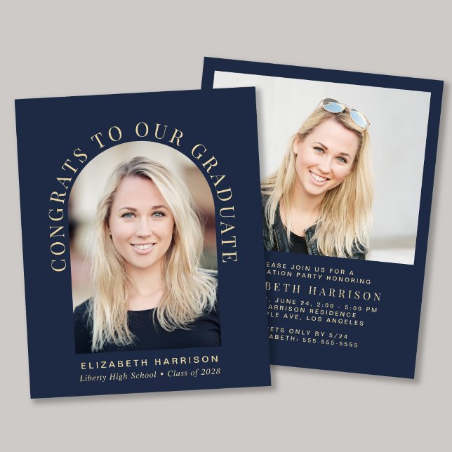 バジェットアーチフォトブルー卒業パーティー招待状 (クリエイターアップロード済み)