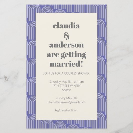 バジェットアーチラインパープルウェディングシャワー招待状 (正面)