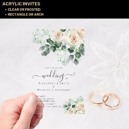 バジェットア澄んクリル結婚ズ白バラ緑 アクリル招待状