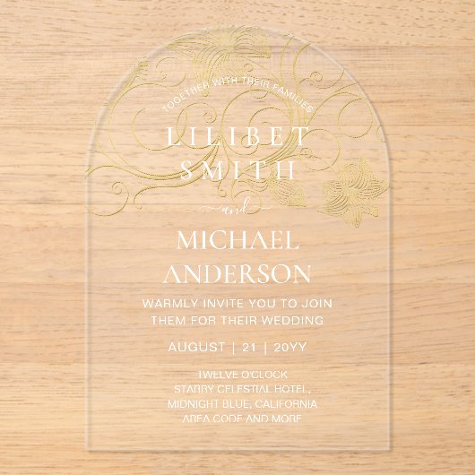 バジェットア結婚クリル金ゴールドホワイトシエレガントック アクリル招待状 (正面)