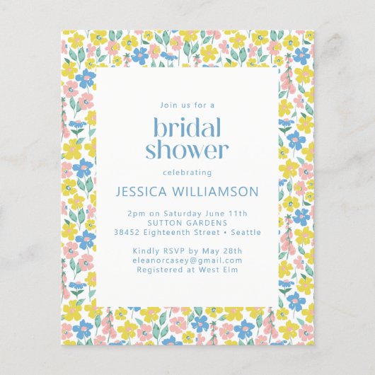 バジェットイエローディティフローラブライダルシャワー招待状 (正面)