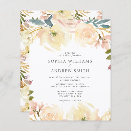 バジェットイエローローズフローラ結婚式招待状 (正面/裏面)