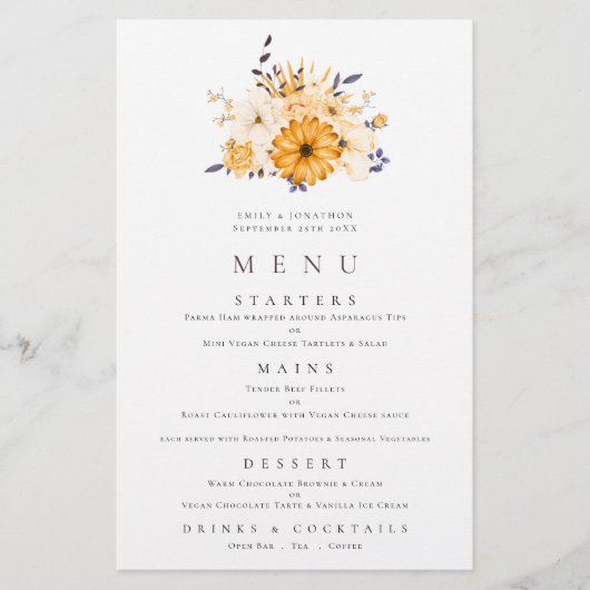 バジェットイエロー花模様結婚の葉のメニュー (正面)