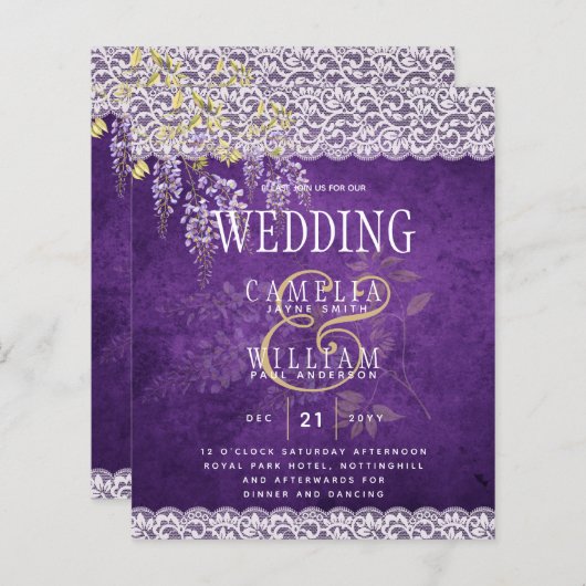 バジェットウィステリアパープルフローラレース結婚式の招待 (正面/裏面)