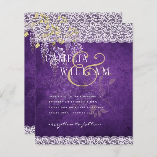 バジェットウィステリアパープルフローラレース結婚式の招待 (正面/裏面)