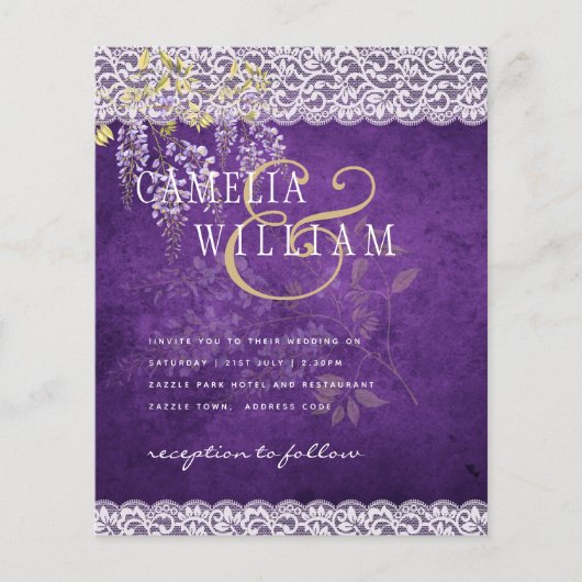 バジェットウィステリアパープルフローラレース結婚式の招待 チラシ (正面)