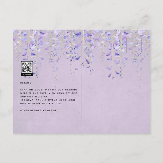 バジェットウィステリアパープルフローラレース結婚式の招待 ポストカード (裏面)